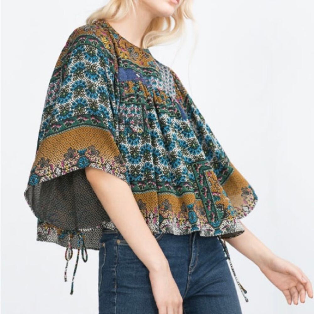 Zara Women's Bell Flare Sleeve Floral Mixed Print Blouse Top sz S